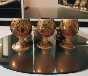 *RARE* Wooden Hand Painted Cordial Glasses Goblets Set Of 3 - Picture 1 of 8
