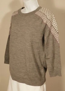 J CREW Women's Gray Merino Wool W Embroidered Shoulders 3/4 Sleeve Scoop Neck... - Picture 1 of 5