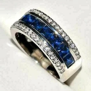 2Ct Princess Cut Lab Created Blue Sapphire Men's Band Ring 14k White Gold Plated - Picture 1 of 5