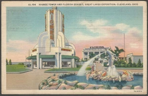 Higbee Tower & Florida Exhibit 1937 GREAT LAKES EXPOSITION Original Postcard - Picture 1 of 2