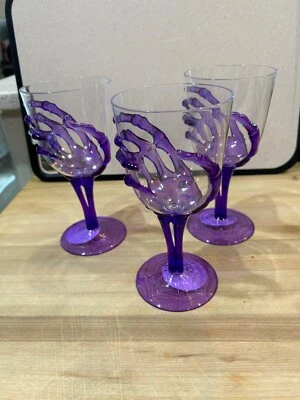3 Spooky Skeleton Hand Goblet Acrylic Halloween Purple  Wine Glasses 11.8 oz - Image 1 of 2