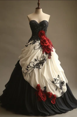 Gothic Black and White Wedding Dresses with Roses Sweetheart Bridal Gowns - Image 1 of 4