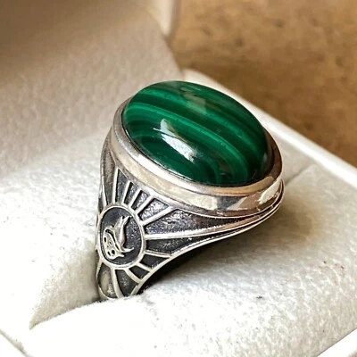 Anillo de plata de ley 925 para hombre piedras preciosas de malaquita verde natural joyería hecha a mano Foto 1 de 4