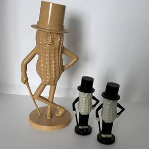 Vintage Mr. Peanut Black & Tan Salt Pepper Shaker & Tan Plastic 8 1/2" Bank USA - Picture 1 of 11