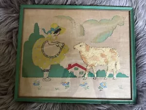 Frühe Vintage Nadelspitze gerahmt Kunst Bild Mädchen Schaf Bo Peep flauschig bemalt - Bild 1 von 5