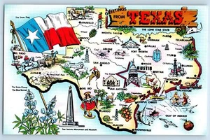 Tarjeta postal vintage de correspondencia mapa estatal estrella solitaria de Texas de saludos de 1950 - Imagen 1 de 2