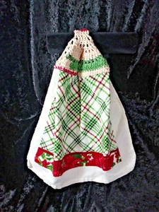 Crochet Hanging Kitchen Towel Christmas Plaid Poinsettia Flower Pattern - Picture 1 of 4