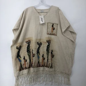 NWT MAGIC Women's Poncho Linen Blend Cream Village Women Fringe Boho Top V neck - Picture 1 of 7