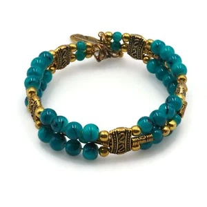 Turquoise Black Vein Glass Gold Tone Bead Feather Charm Wire Fashion Bracelet - Picture 1 of 14