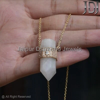 14K Oro Amarillo Diamante Natural Piedra Luna Preciosa Collar Cadena Colgante - Imagen 1 de 4