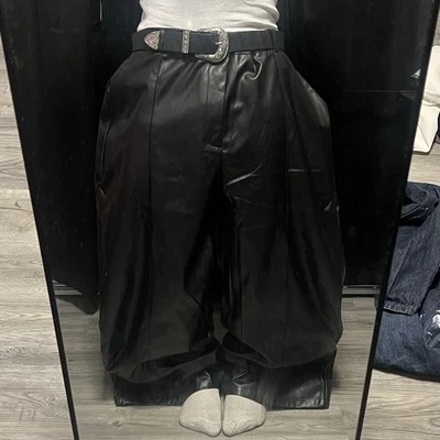 Black Leather Pants Size 42 Vintage Baggy Wide Leg Y2K Grunge 90s Streetwear - Image 1 of 4