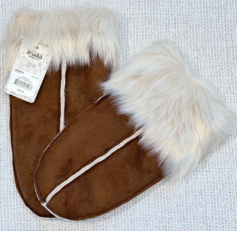 Mitones de forro de piel sintética Mudd® de gamuza sintética, marrón, uno, nuevos con etiquetas Foto 1 de 2