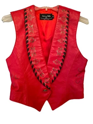 Patricia Wolf Hand Painted Leather Vest, Whip Stitch Lapel - S - Image 1 of 4