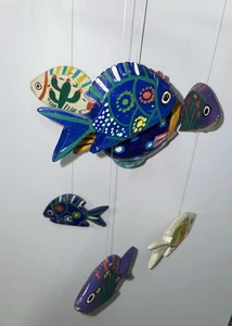 Hanging Folk Art Wooden Fish Hand Carved Mexico Tropical WindChime Mobile - Picture 1 of 8