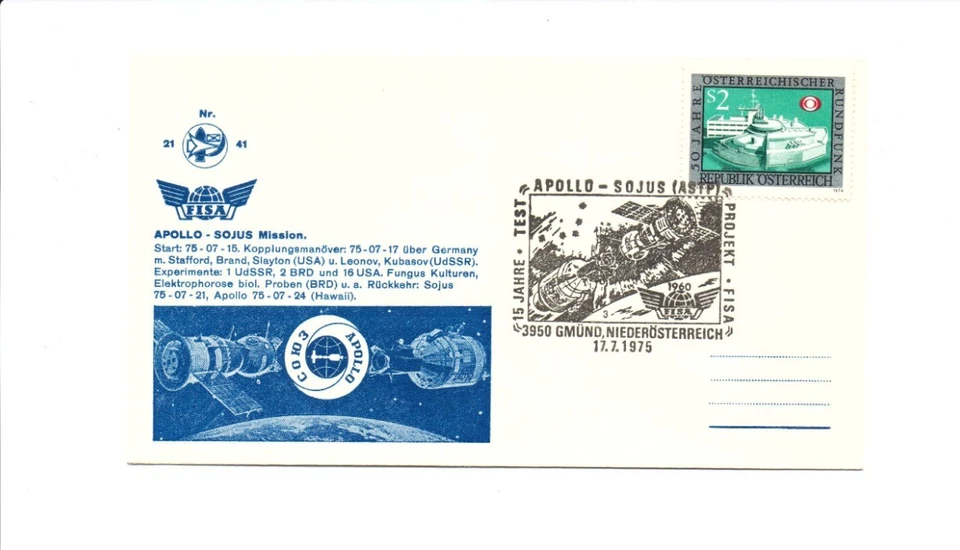 Austria 1975 Conjunto Apolo y Soyuz Vuelo Espacial Cubierta lazos 2S sello con caché Foto 1 de 1