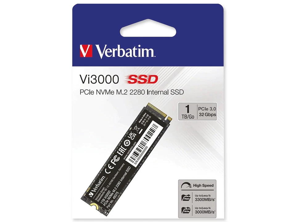 VERBATIM M.2 2280 SSD Vi3000, PCIe 3.0, 1 TB - Bild 1 von 1