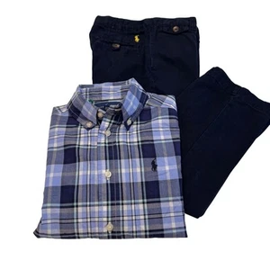 Ralph Lauren set 2 pezzi camicia a quadri blu navy chino e blu con bottoni taglia 5 - Foto 1 di 14