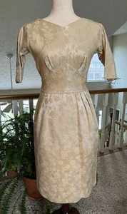 Vintage 1950s Elegant Ivory/Cream Damask  Dress XS 100% Silk  Form Fitting - Picture 1 of 13