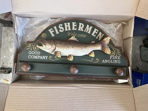 Fisherman welcome 3-D Rainbow Trout, wood sign W/hat & Coat 20x10”  Cabin Decor - Picture 1 of 12