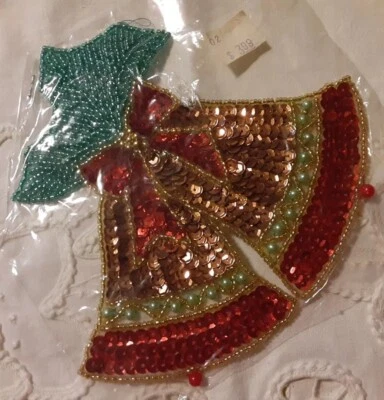 Vintage 5" Sequined Beaded Christmas Holly Bells Applique Holiday Embellishment  - Image 1 of 4