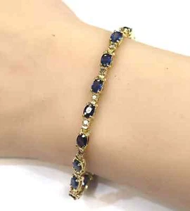 Lab Created Oval Cut Blue Sapphire Tennis Bracelet 14K Yellow Gold Over 5.00 Ct - Picture 1 of 2