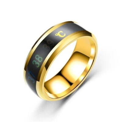 Black Stripe Silver/Gold Titanium Steel Men 8mm Creative Temperature Sensor Ring - Image 1 of 2
