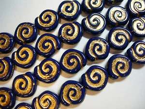 12 - 12mm Navy Blue with Gold Snail Shell Spiral Coin Czech Glass Beads - Picture 1 of 3