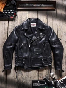 Full Grain 1.5mm Cowhide Men's Slim Fit Double Rider Genuine Leather Jacket - Picture 1 of 21