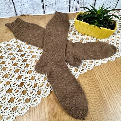 Calcetines antiguos vintage de lana tejidos a mano marrón hasta la rodilla tejidos apretados para hombre talla 8 Foto 1 de 4