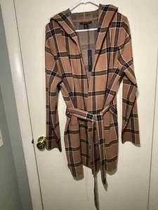 TAHARI Women’s Sz XL Hooded Cardigan Sweater Tan Plaid Open Front NWT - Picture 1 of 5
