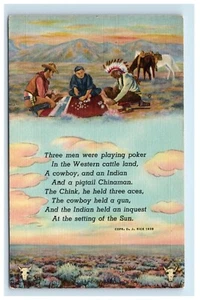 Three Men Playing Poker Cowboy Indian Chinese Man O.J. Rice Curteich Postcard B2 - Picture 1 of 2