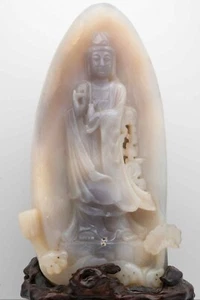 Vintage Hand-Carved Chinese Agate Guanyin Sculpture on Carved Wood Base - Picture 1 of 9