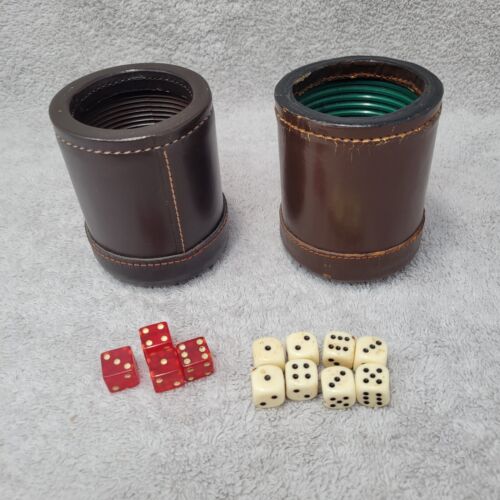 2 Vintage Brown Leather Bar Dice Cups W Ribbed Interior and dice
