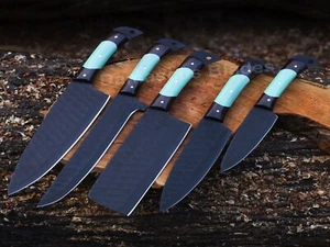HANDMADE CARBON STEEL CHEF KNIFE SET WITH LEATHER BAG KITCHEN KNIVES CUTLERY - Picture 1 of 5