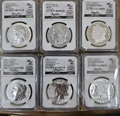 2023 6-pc Morgan & Peace Silver Dollar Set NGC  Advance Releases Signed Ryder 70 - Image 1 of 4
