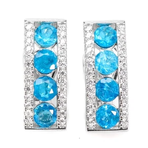 Unheated Round Blue Apatite 4mm Simulated Cz 925 Sterling Silver Earrings - Picture 1 of 13