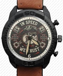 Bulldog Biker Motiv In Speed We Trust Art Armee Stil Lederband Armbanduhr - Bild 1 von 1
