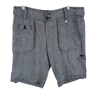 MNG Black Cream Chevron Tweed Mid Rise Bermuda Length Roll Tab Shorts Size 10 - Image 1 of 4