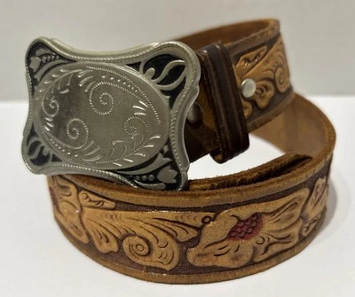 Cinturón de cuero Colter House Jackson Hole WY Tooled níquel plata hebilla para mujer 34’s Foto 1 de 4