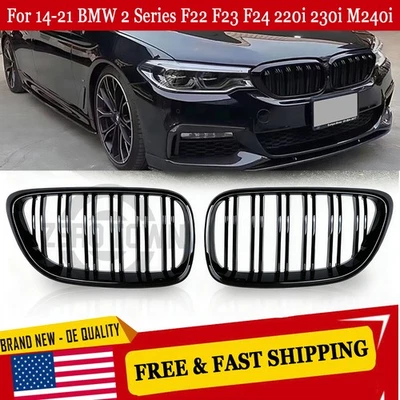 Pair Gloss Black Front Kidney Grill for BMW F22 F23 M235i F87 M2 Coupe 2014-2021 - Image 1 of 4