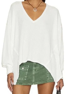 FREE PEOPLE White Thermal V-Neck High-Low Long Sleeve Top CORALINE M - Picture 1 of 6
