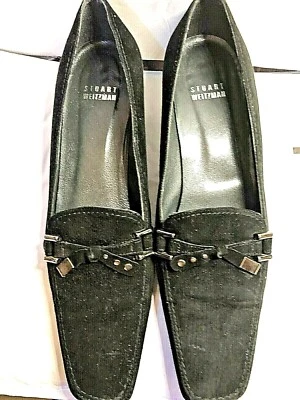Zapatos de salón Stuart Weitzman Wmn negros gamuza plateados herrajes tacón de gatito talla 7,5 Foto 1 de 4