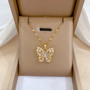 Women's Fashion Jewelry Cubic Zircon Gold Butterfly Pendant Necklace 484 - Picture 1 of 5