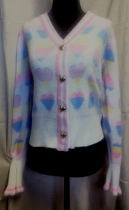 Crown & Ivy Pastel Rainbow Hearts Gold Heart Button Up Long Sleeve Lolita Kawaii - Picture 1 of 10