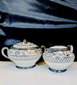 Saint Graal Limoges France 980 Silver Overlay Porcelain Bowl With Lid & Creamer - Picture 1 of 9