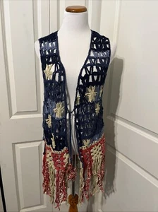 FREE PEOPLE Americana Crochet Fringe Boho Vest Size XS/S NWT $298 Red Ivory Blue - Picture 1 of 20