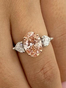 3.30CT Oval Cut Created Vivid Pink Diamond Engagement Gift Ring 14k Gold Finish - Picture 1 of 7