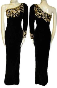 GLAMOROUS VINTAGE ONE SHOULDER GODDESS BLACK VELVET & GOLD EVENING GOWN - Picture 1 of 9