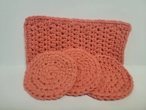 Coral Orange Crochet Cotton Bath Set- Washcloth Scrubbie Makeup Remover Handmade - Picture 1 of 4
