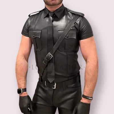 Gay Men's Black Classic Shirt Genuine Lambskin Leather Shirt Real Leather Shirt - Image 1 of 2